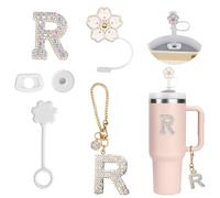 6PCS Accesorios Personalizados para Stanley Cup,Fundas de Pajitas,Decoración de Iniciales, Pegatinas de Letras,Encantos de Letras para Vaso Stanley y Ttapón Antiderrame para Stanley Cup (R)