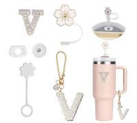 6PCS Accesorios Personalizados para Stanley Cup,Fundas de Pajitas,Decoración de Iniciales, Pegatinas de Letras,Encantos de Letras para Vaso Stanley y Ttapón Antiderrame para Stanley Cup (V)