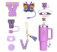 6PCS Accesorios Personalizados para Stanley Cup Tumbler, Tapas para Pajitas Stanley Cup, Decoraciones de Iniciales, Pegatinas de Letras, Charms de Letras y Tapones Antigoteo para Vasos (V)