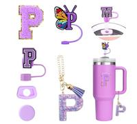 6PCS Accesorios Personalizados para Stanley Cup Tumbler, Tapas para Pajitas Stanley Cup, Decoraciones de Iniciales, Pegatinas de Letras, Charms de Letras y Tapones Antigoteo para Vasos (P)