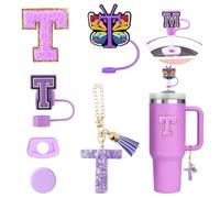 6PCS Accesorios Personalizados para Stanley Cup Tumbler, Tapas para Pajitas Stanley Cup, Decoraciones de Iniciales, Pegatinas de Letras, Charms de Letras y Tapones Antigoteo para Vasos (T)