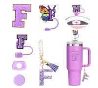 6PCS Accesorios Personalizados para Stanley Cup Tumbler, Tapas para Pajitas Stanley Cup, Decoraciones de Iniciales, Pegatinas de Letras, Charms de Letras y Tapones Antigoteo para Vasos (F)