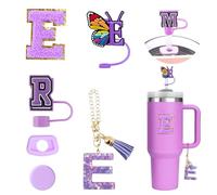 6PCS Accesorios Personalizados para Stanley Cup Tumbler, Tapas para Pajitas Stanley Cup, Decoraciones de Iniciales, Pegatinas de Letras, Charms de Letras y Tapones Antigoteo para Vasos (E)