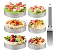6pcs Anillo de Pastel, 8 cm/10 cm Aro Emplatar, Anillo de Tarta de Acero Inox, Aros de Postre y Alimentación Redondos, Anillos de Postre Moldes Aros de Pasteles Tartas Mousse Quiches+22 cm Espátula