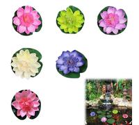 6PCS Decoración de Flor Lotos, Nenufares Artificiales Flotantes Plantas, Plantas Flotantes Estanque Loto Artificial con Artificial Rana Hojas de Loto para Acuario Estanque