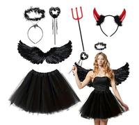 6PCS Disfraz Angel Nero, Alas de Angel Negro con Halo de ángel, Cuernos de Diablo, Tenedor y Falda de Tutú, Disfraz de Hada y de Diablo de Adultos para Halloween, Carnaval, Cosplay y Fiesta (negro)