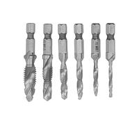 6PCS Hex Shank Combination Tap Set, Spiral Flute Drill Taps, High Speed Steel Thread Tapping Tool with Ti Coating, 3 in 1 Design for Drilling Tapping Chamfering, Industrial Repair (Plata)