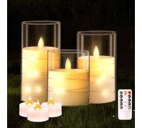 6PCS LED Velas Artificiales realistas a Pilas Velas Eléctrica LED Efecto Llama en Vaso de Cristal Velas eléctricas y LED de cera con control remoto Ø7,5 cm altura 10/12,5/15cm con 3 velas pequeñas