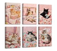 6Pcs Marco de Madera Cuadros Decoracion Salon Modernos Vintage Negro Gatos Lienzo Pintura Divertido Animal Lectura Libros Imagen Rosa Lindo Gato Amantes Cuadros Decorativos Salon Dormitorio 20x30cm x6