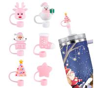 6uds Tapas de Pajita Navideñas para Stanley, 6 Estilos Rosa con Temática Navideña Bonitas Accesorios Compatibles con Vasos Stanley de 40 y 30oz