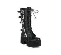 7.5CM/ 2.95IN Botas de otoño e Invierno para Mujer Tacón Grueso Tacón Alto Cordones Delanteros Cinturón Grueso Hebilla Botas Altas Botas hasta la Rodilla,Negro,36 EU