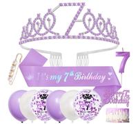 7 Años Decoración Cumpleaños Niña 7 Cumpleaños Corona Banda, Violeta Corona Cumpleaños Sash Globos Velas Primero de la Torta para 7 Cumpleaños Niña Decoracion