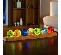 7 bolas de cristal colores con lámpara LED, soporte de madera, chakras, esferas naturales, luz nocturna, bola de cristal brillante for regalo de cumpleaños, adorno, decoración del hogar(rectángulo）