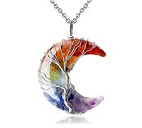 7 Chakra Crystal Necklace Tree Of Life Wire Wrapped Moon Crescent Stone Resin Quartz Chain Pendant,7 Chakra Stones,50cm