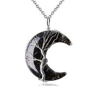 7 Chakra Crystal Necklace Tree Of Life Wire Wrapped Moon Crescent Stone Resin Quartz Chain Pendant,Black Onyx,50cm