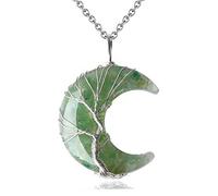 7 Chakra Crystal Necklace Tree Of Life Wire Wrapped Moon Crescent Stone Resin Quartz Chain Pendant,Green Aventurine,50cm