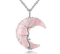 7 Chakra Crystal Necklace Tree Of Life Wire Wrapped Moon Crescent Stone Resin Quartz Chain Pendant,Rose Quartz,50cm