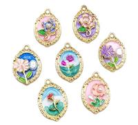 7 colgantes coloridos de aleación de goteo de aceite para collares florales hechos a mano, componentes de fabricación de joyas, múltiples usos, rosas, girasoles