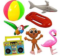 7 DE VERANO INFLABLES DIVERTIDAS DECORACIONES PARA FIESTAS EN LA PLAYA CONJUNTO DE UTILERÍA - INCLUYE PELOTA DE PLAYA + FLAMENCO + MONO + TIBURÓN + PAPAGAYO + BOOMBOX + FLOTADOR DE SOCORRISTA