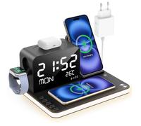 7-en-1 Cargador inalámbrico: con Reloj Digital, Temperatura y Fecha, Compatible iPhone 16/15/14/13 Serie, Sam Sung S24/S23, AirPods, TWS & iWatch, luz LED Ajustable de Noche & Carga rápida