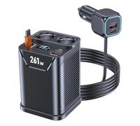 7 en 1 Cargador Mechero Coche, 261W Adaptador Mechero Coche a Enchufe con 2 Ranuras y Doble Puertos USB + Doble PD+45W Cable Retráctiles, con Pantalla de Voltaje LED, para GPS, iPhone, Android