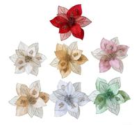 7 flores artificiales de Navidad con lentejuelas decorativas, diseñadas para su uso en decoraciones festivas del hogar y arreglos de eventos especiales, flexibles para varias superficies
