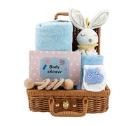 7-in-1 Set de Regalo para Bebé Recién Nacido, Niños Niñas Personalizados Cesta para Baby Shower, con Bebe Muselina, Babero Bandana, Sonajero, Toalla de baño, Manta de seguridad, Calcetines, Azul