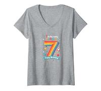 7 Is My Lucky Number Happy Birthday Space Adventure Camiseta Cuello V, Mujer, Gris Jaspeado, S