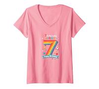 7 Is My Lucky Number Happy Birthday Space Adventure Camiseta Cuello V, Mujer, Rosado, L