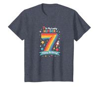 7 Is My Lucky Number Happy Birthday Space Adventure Camiseta, Niños, Azul Jaspeado, 2 años
