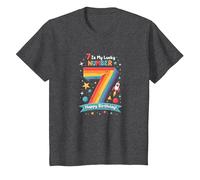 7 Is My Lucky Number Happy Birthday Space Adventure Camiseta, Niños, Jaspeado Oscuro, 3 años
