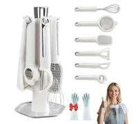 7-Piece Kitchen Gadget Set, Stainless Steel Cooking Utensils Set with Holder, Countertop Rotating Stand, Includes Peeler, Grater, Whisk, Bottle Opener, Strainer (White)