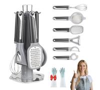7-Piece Kitchen Gadget Set, Stainless Steel Cooking Utensils Set with Holder, Countertop Rotating Stand, Includes Peeler, Grater, Whisk, Bottle Opener, Strainer (Gray)