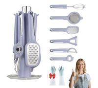 7-Piece Kitchen Gadget Set, Stainless Steel Cooking Utensils Set with Holder, Countertop Rotating Stand, Includes Peeler, Grater, Whisk, Bottle Opener, Strainer (Blue)
