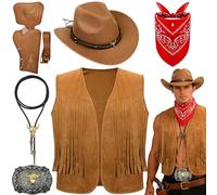 7 piezas Cowboy Fancy Dress Accesorios Set para hombre, disfraz de vaquero occidental con sombrero, chaleco de borla, cachemira, bandana, bolo, hebilla occidental, cinturón Holster para carnaval
