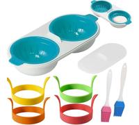 7 Piezas Hervidor de Huevos de Doble Taza Set, Cocedor de Huevos para Microondas con Brocha de Aceite, Fabricante de Tortillas, Cocinar Huevos Azul in PP, Vaporera de Huevos para Hornos, Desayuno