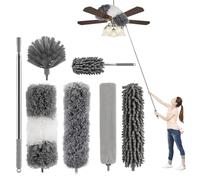 7 plumeros telescópicos, Cabeza de Lobo, Longitud máxima de 256 cm, Plumero de Microfibra Lavable, Plumero telescópico para Mantas, Adecuado para Mantas, Gris