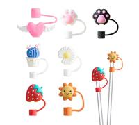 7 tapas de pajita de cristal de dibujos animados, tapas de pajita de cristal, funda de silicona suave, tapones de polvo reutilizables