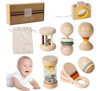 7 unids/set sonajero de madera para bebé sonajero natural orgánico con palo de lluvia, campana de mano, bola de arena y más, madera Montessori para regalo de fiesta de cumpleaños de niños y niñas