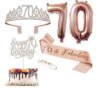 70 Años Corona Banda Cumpleaños,70 Años Tiara Corona y Faja de Oro Rosa 70th Cinturón de Cumpleaños Corona de Diamantes Globos Cake Topper per Torta di Compleanno 70 Regalo Cumpleaños Decoración