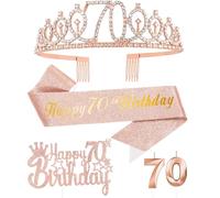 70 Años Corona Banda Cumpleaños Mujer Tiara Corona y Faja de Oro Rosa, Velas Cumpleaños Numeros 70 Cake Topper de Tarta Decoración Fiesta