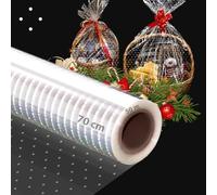 70 CM X 50 M Rollo de Papel Celofán Transparente de Lunares Blancos para Envolver Regalos, Cestas y Decoración de Flores,Polipropileno Transparente con Grosor 35 micras (Blanco)