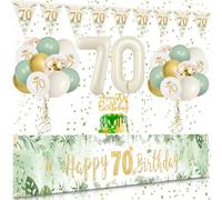 70 Geburtstag Deko, VICTERR Grün Gold Deko 70. Geburtstag Frau und Mann Deko Set, Extra Lange Größe Happy 70th Birthday Banner Hintergrund 274×37cm, Girlande Wimpel Konfetti Globos