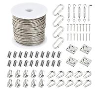 70 Pcs Kit 30m Cable Acero Plastificado 2mm 7x7 con 4 Tensores de Alambre, 20 Presillas, 10 Abrazaderas, 10 Guardacabos, 4 Ganchos y 4 Mosquetones, Cuerda para Tender Ropa Exterior Jardín (2mm)