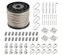 70 Pcs Kit 30m Cable Acero Plastificado 3mm 7x7 con 4 Tensores de Alambre, 20 Presillas, 10 Abrazaderas, 10 Guardacabos, 4 Ganchos y 4 Mosquetones, Cuerda para Tender Ropa Exterior Jardín (3mm)