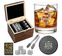 70 regalos de cumpleaños para hombres, vasos de whisky vintage de 1956 con caja de madera, piedras de whisky, tarjeta de aniversario, posavasos y vaso de whisky grabado, regalo de 70 cumpleaños para