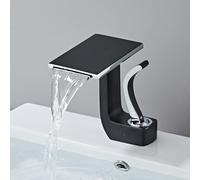 7014 - Grifo de cascada para lavabo de baño, grifo mezclador de agua caliente y fría, cuerpo de cobre completo, manguera de suministro de agua de acero inoxidable (negro plateado), elegante y