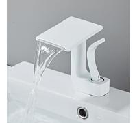 7014 - Grifo de cascada para lavabo de baño, válvula de agua fría y caliente, cuerpo de cobre completo, manguera de suministro de agua de acero inoxidable, elegante acabado blanco