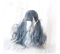 70cm Long Blue Mix Grey Hair Lolita Women's Wigs Dusty Blue Wavy Harajuku Cosplay Wig Heat Resistant Synthetic Wigs + Wig Cap
