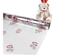 70CM x 50 M Rollo de Papel Celofán Transparente con Estampados de Bebes Oso para Bautizo o Envolver Regalos, Cestas y Decoración de Flores, Polipropileno Transparente con Oso en Caballito (Rosa)